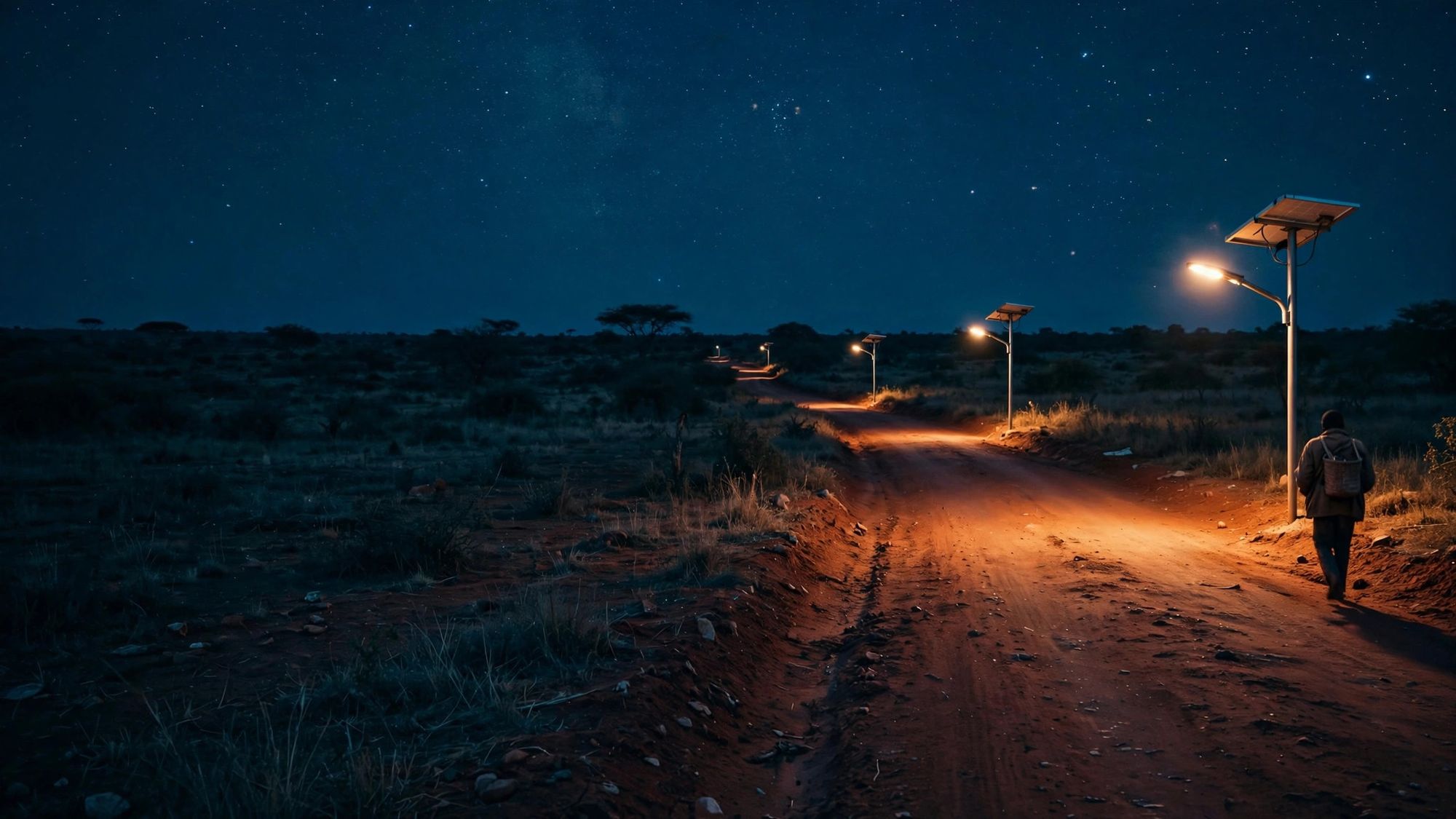 Solar street lights on a village road at night