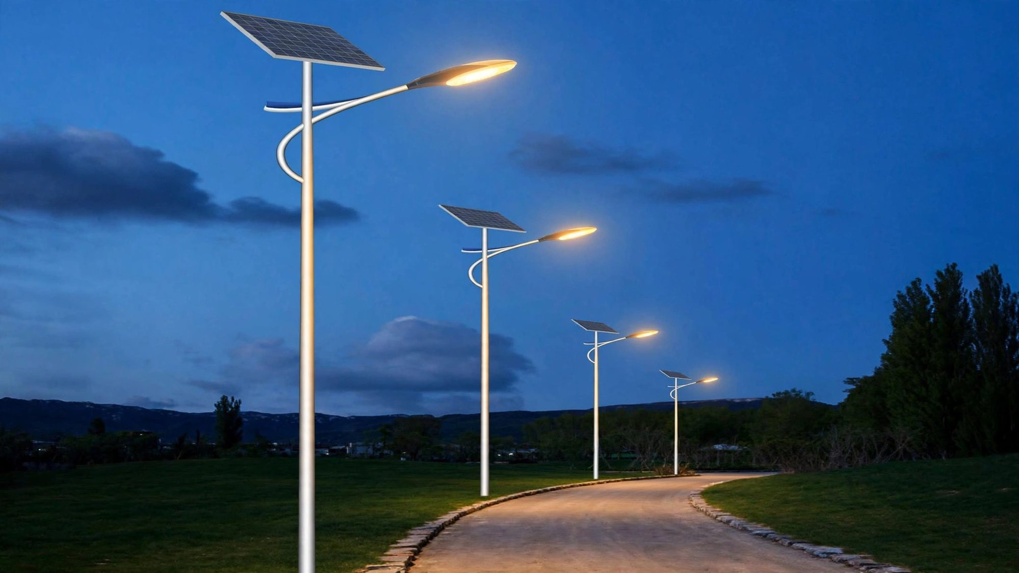 Solar street lights on a road at night